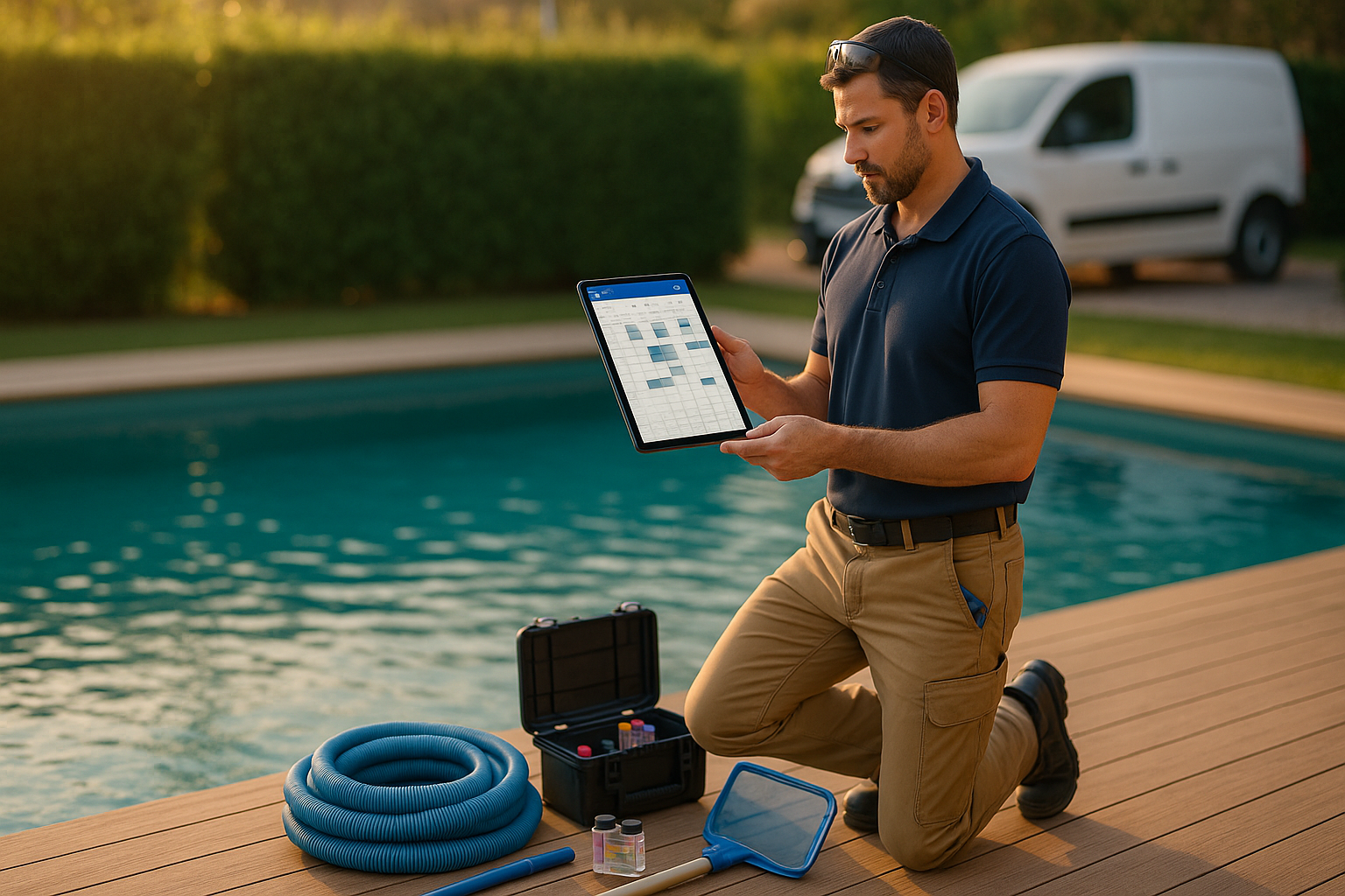 Technicien piscine planifiant ses interventions sur tablette
